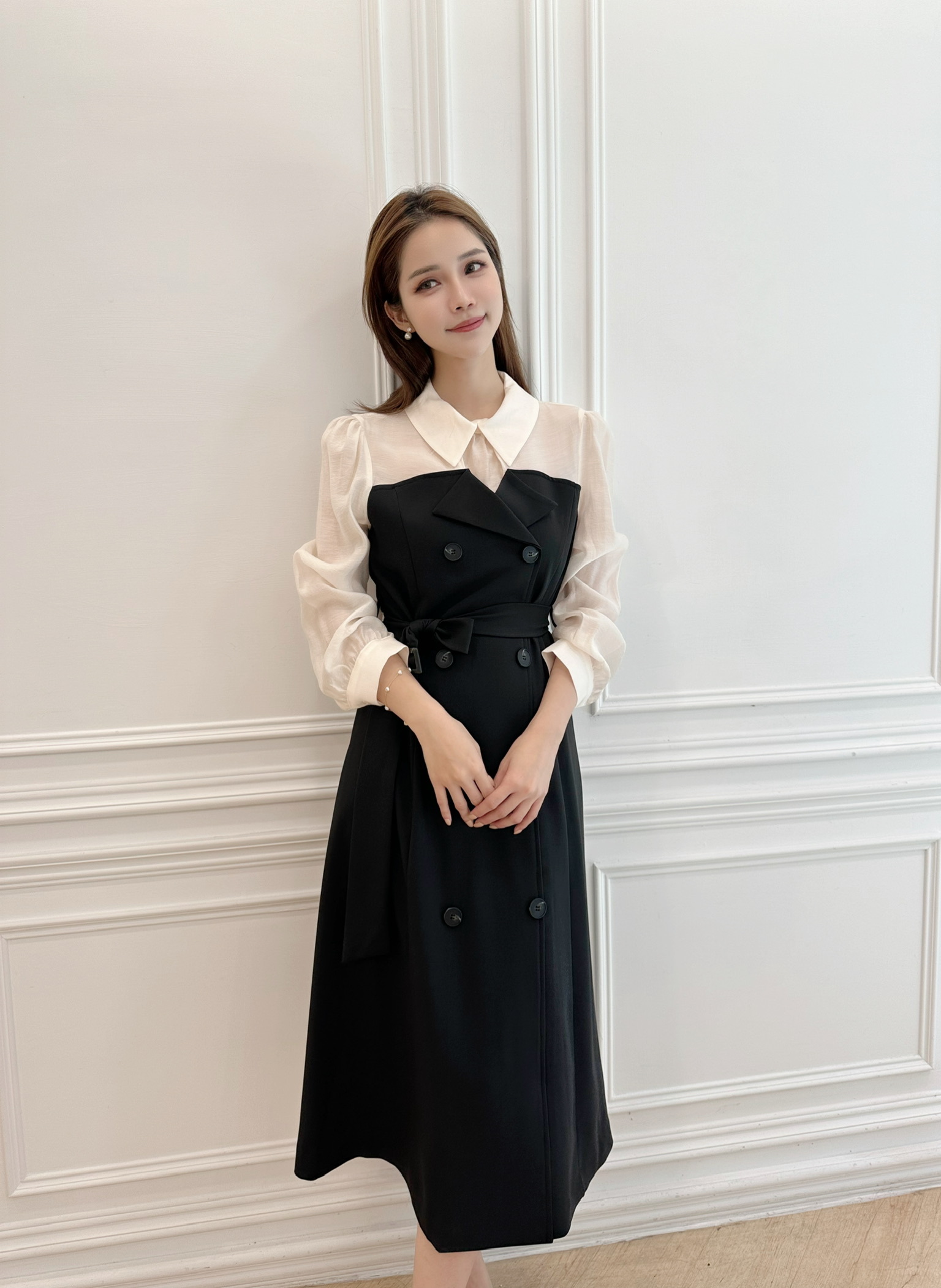 拼接風衣翻領片腰帶洋