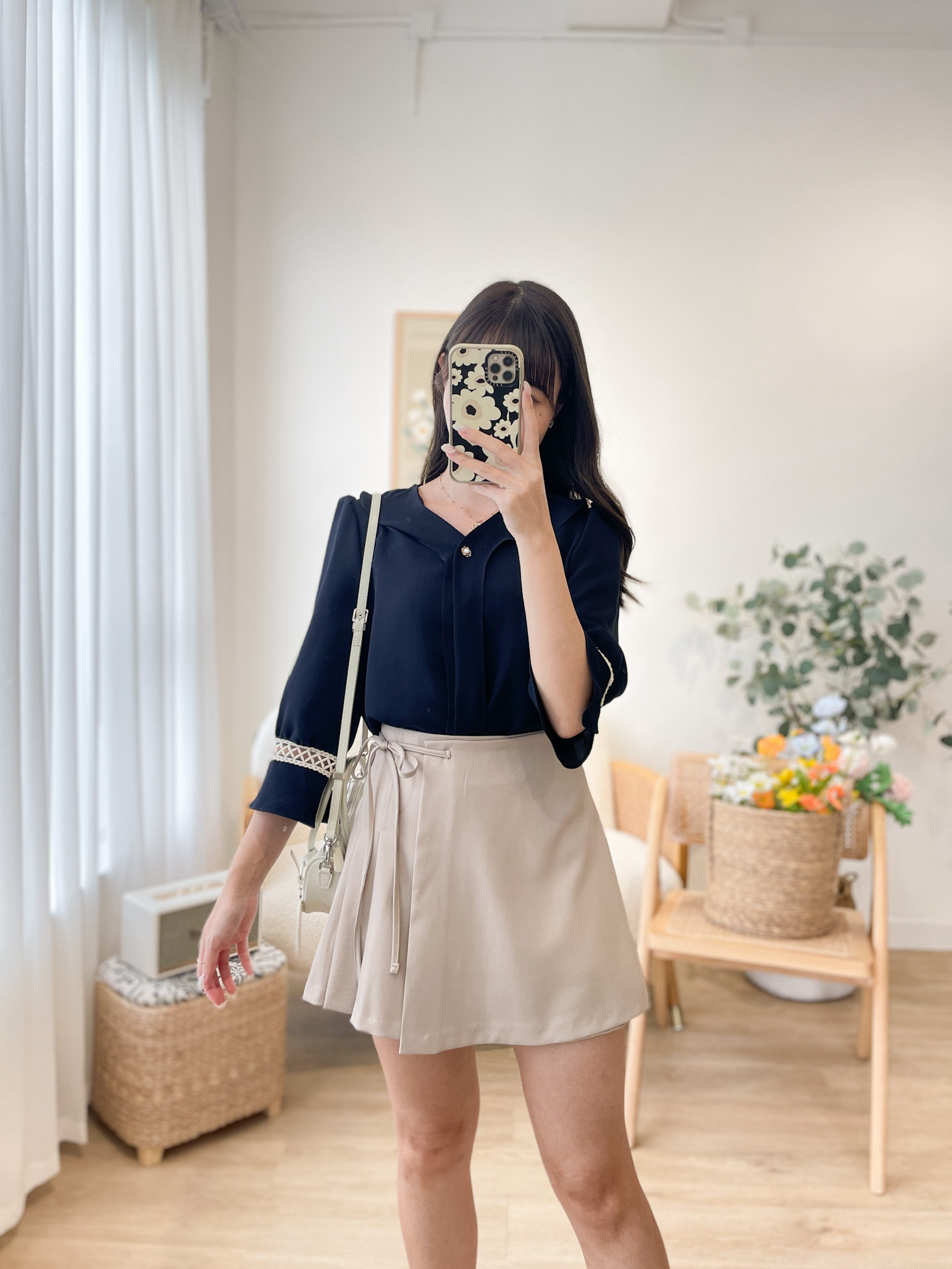 SK486 Honey Beige Half Pleated Mini Skirt
