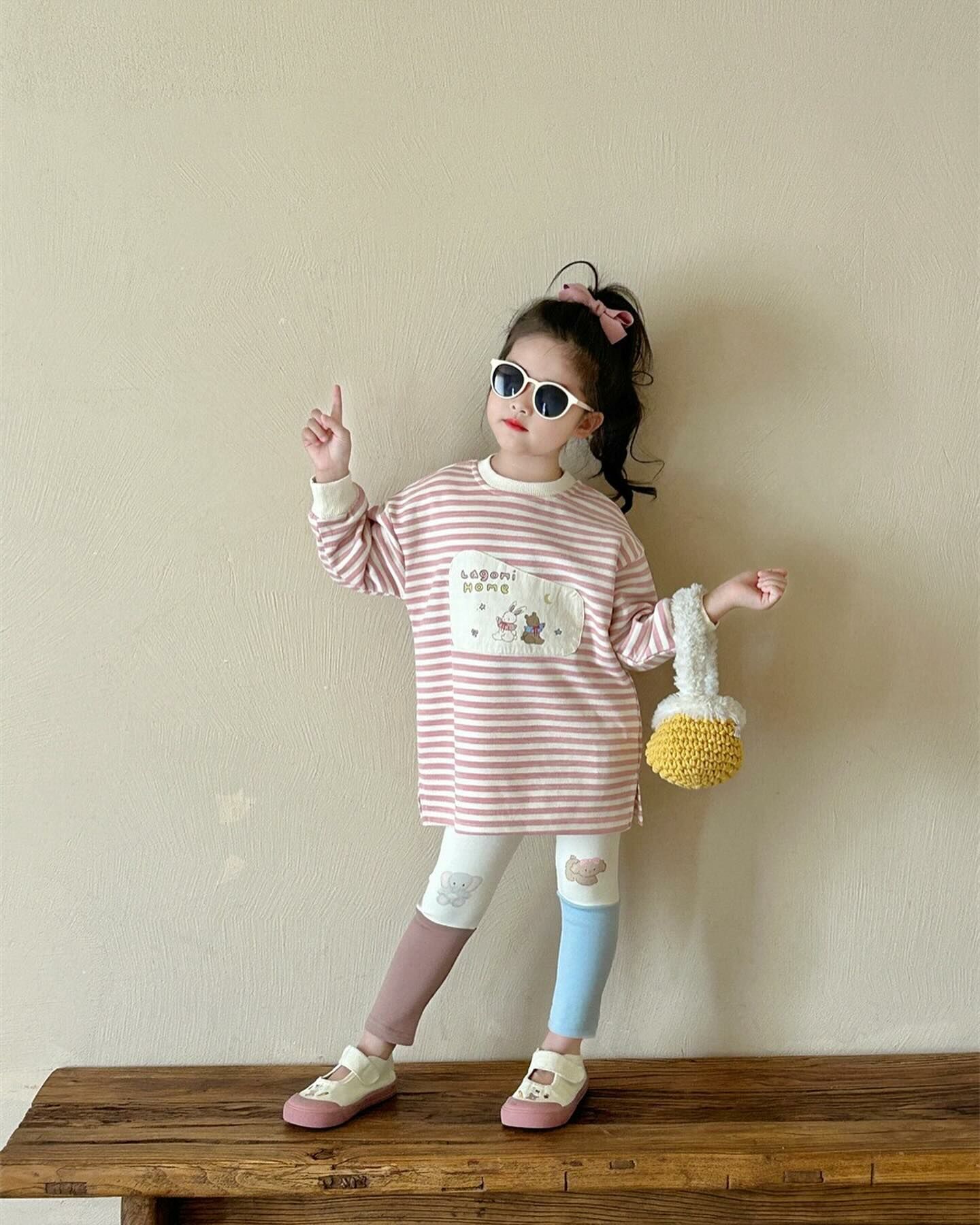 小兔小熊粉色條紋洋裝/QQ撞色拼接長褲