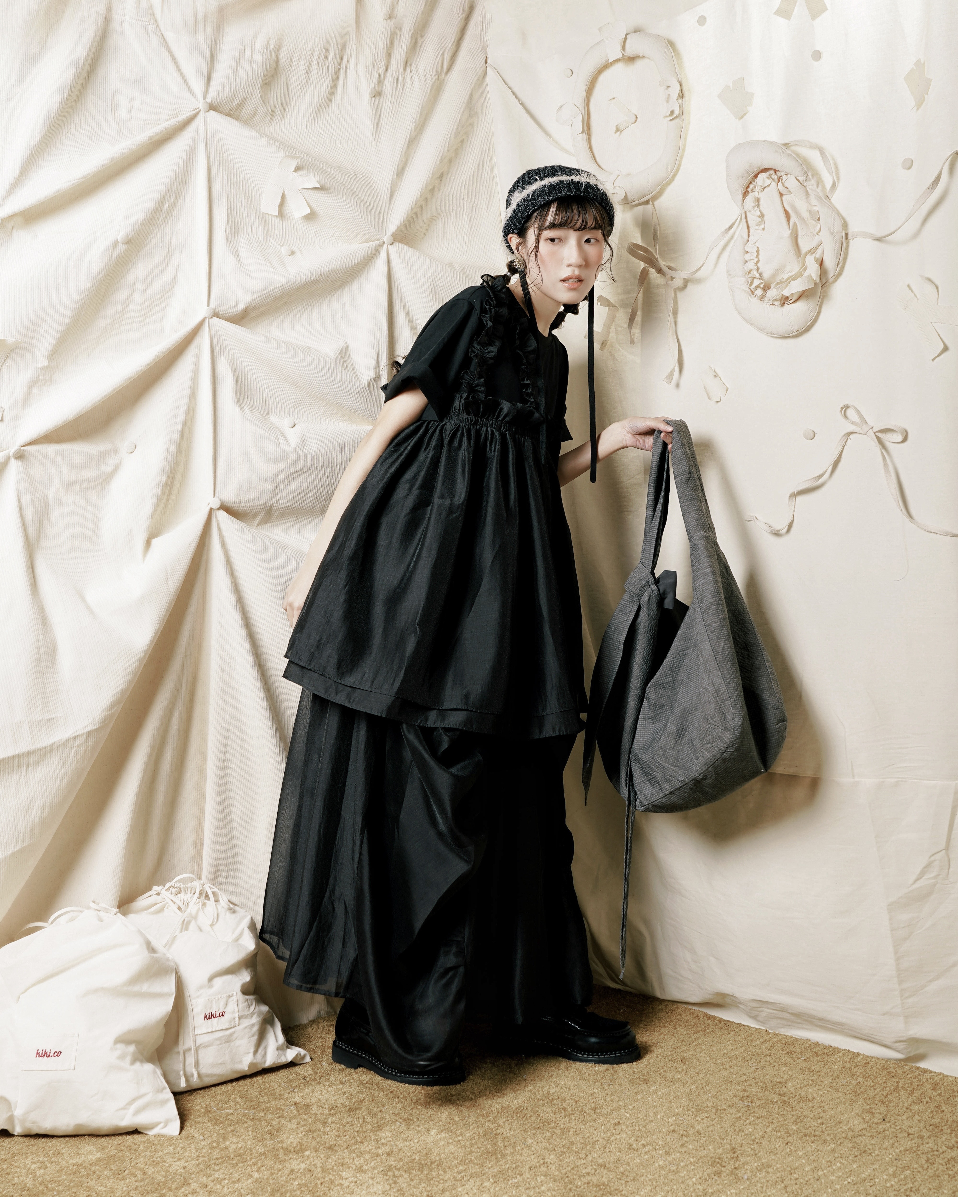 【 Kiki.co made 】 Mesh Ruffle Crossbody Top Black