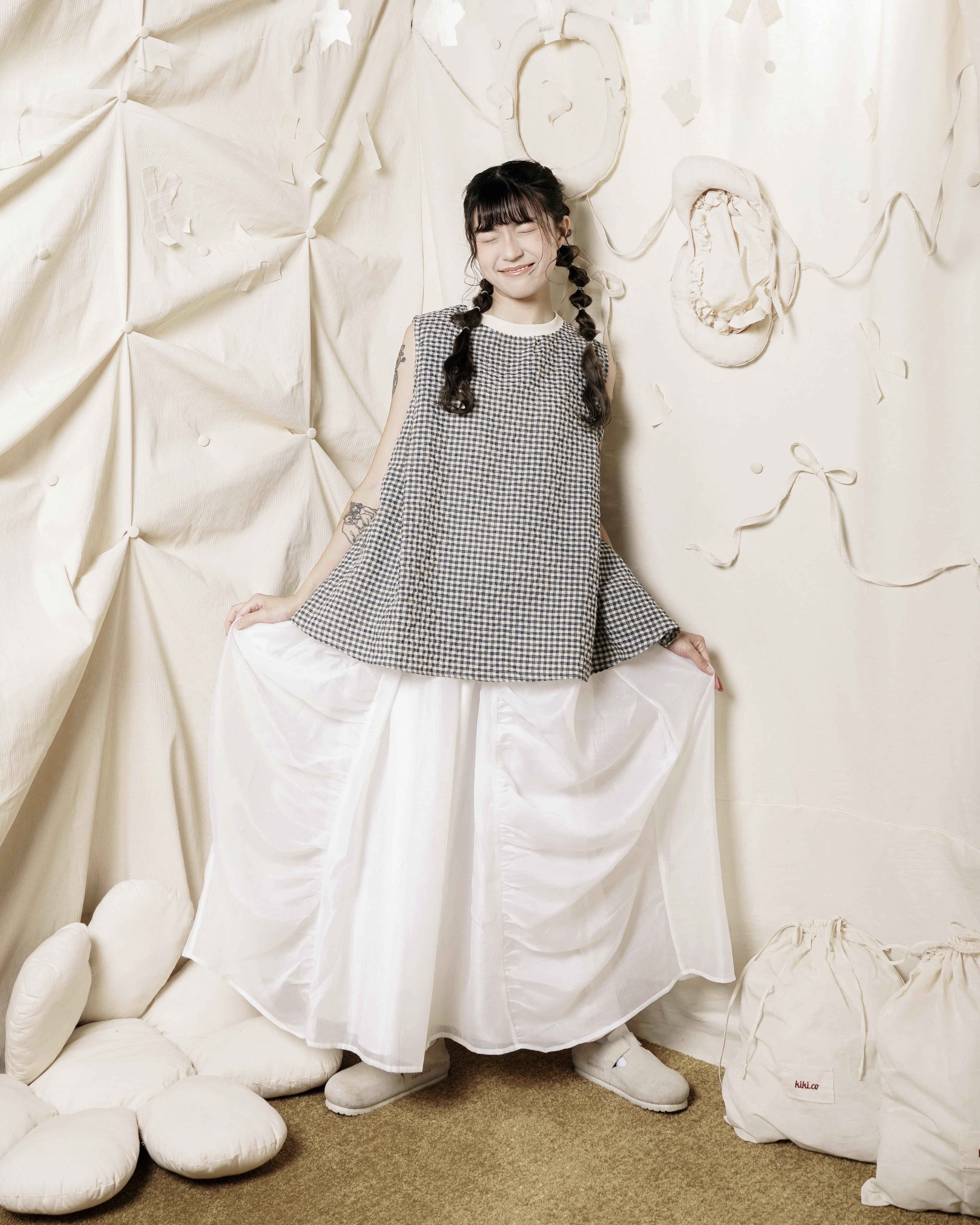 【 Kiki.co made 】 Mesh Layer Drawstring Skirt White