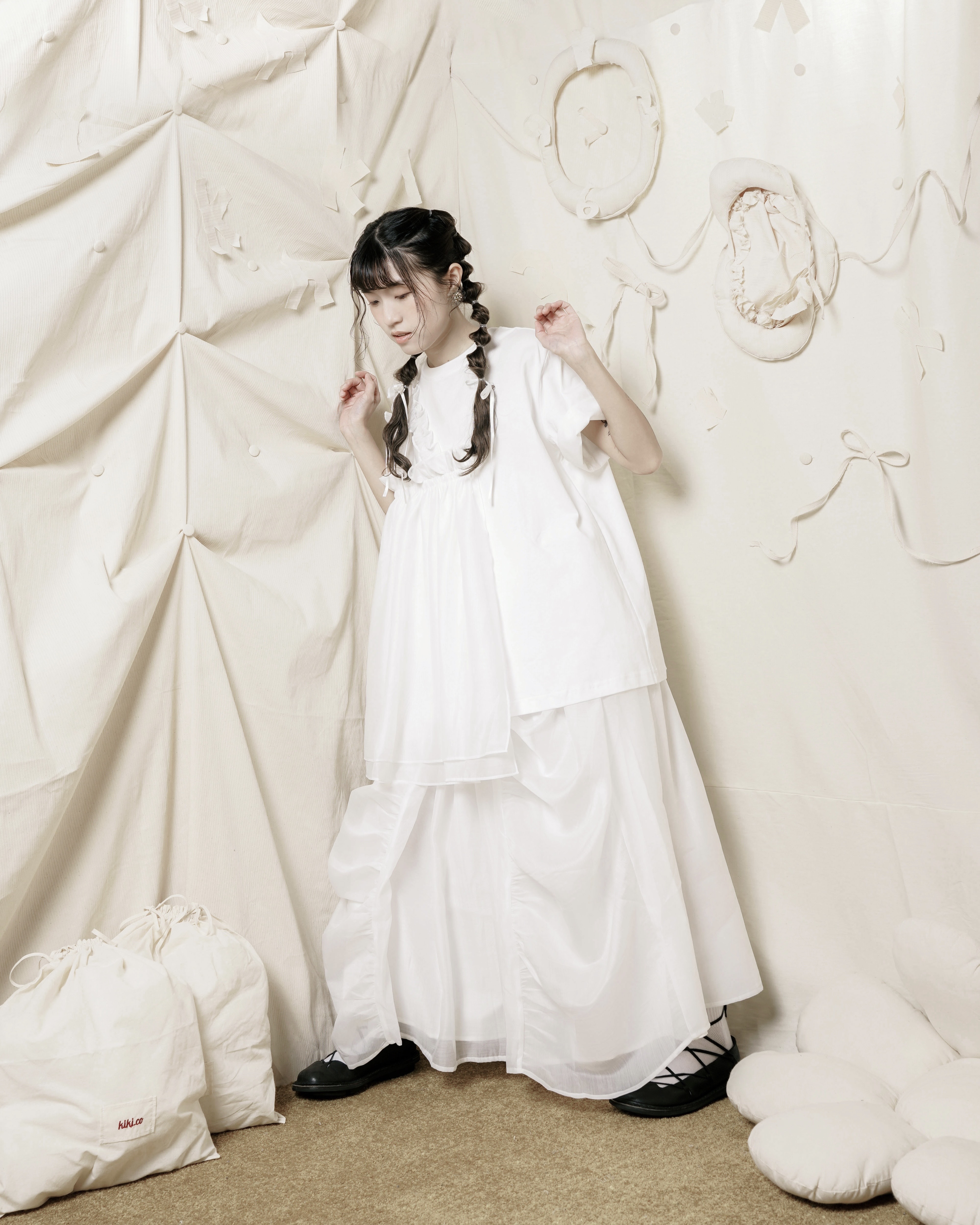 【 Kiki.co made 】 Mesh Layer Drawstring Skirt White