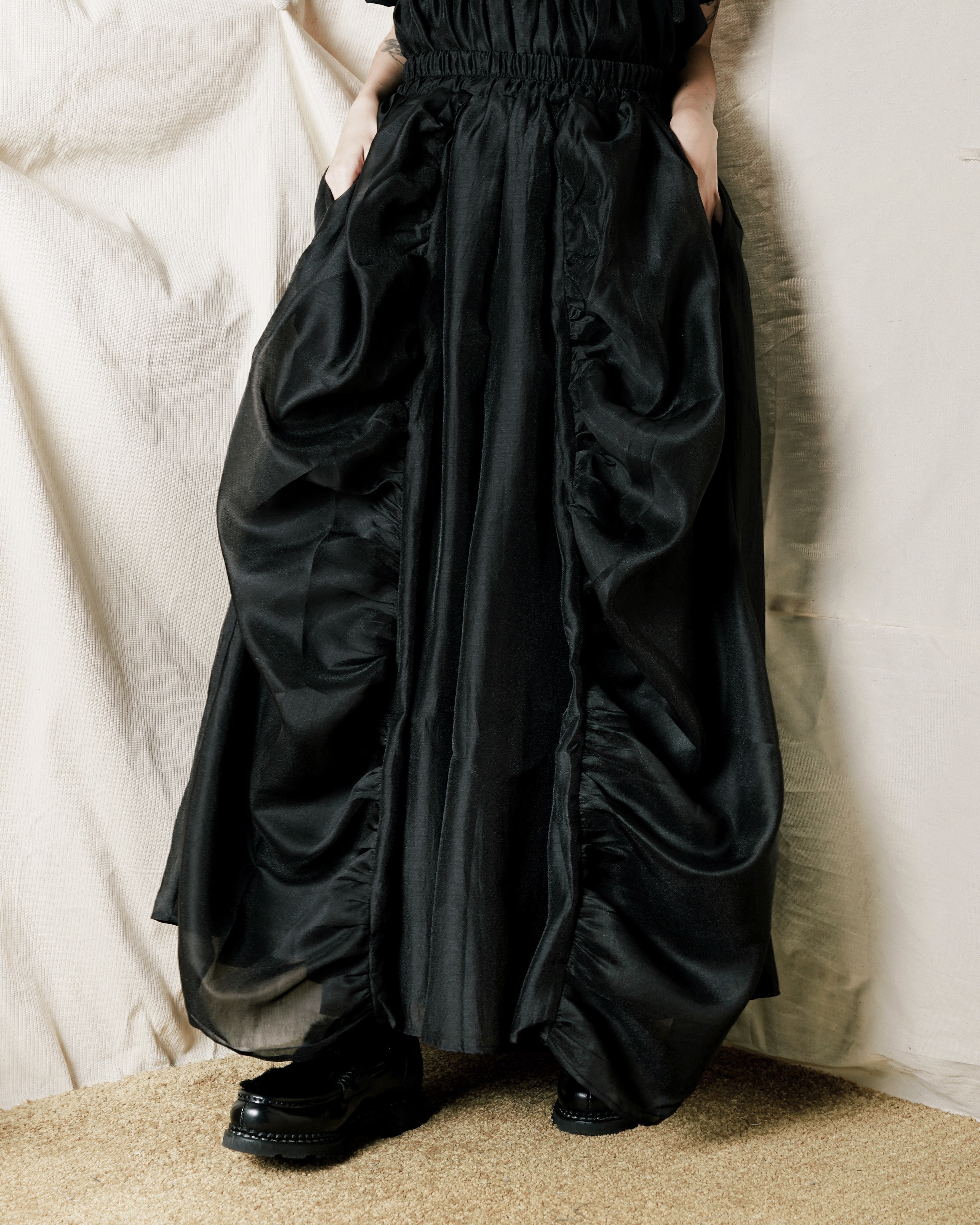 【 Kiki.co made 】 Mesh Layer Drawstring Skirt Black