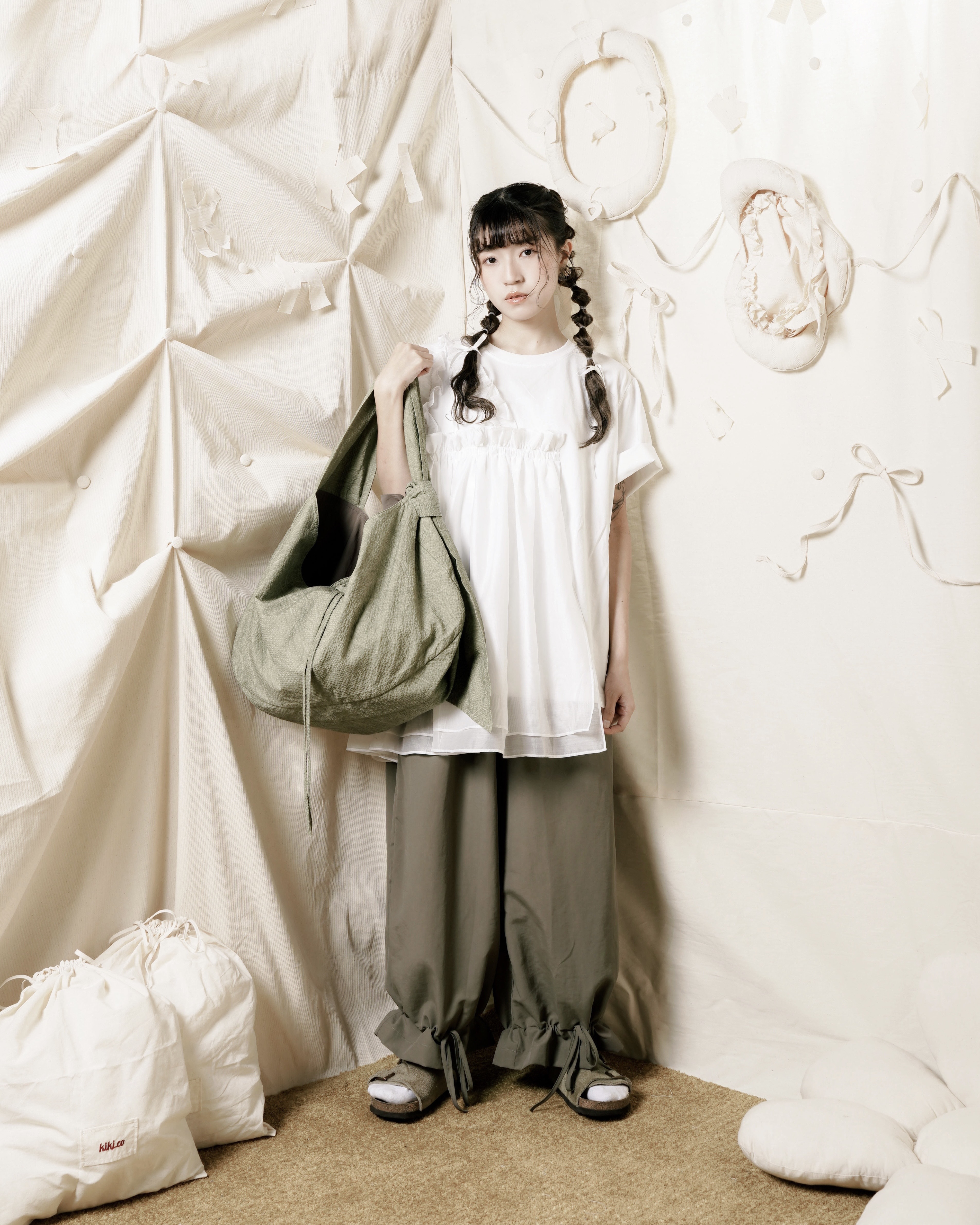 【 Kiki.co made 】 Double Side Check Shoulder Bag - Green