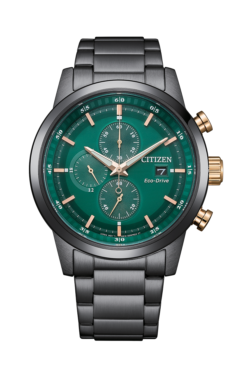 Citizen  Eco-Drive  CA0746-85E 黑色 / CA0746-85X 綠色 三眼計時錶盤黑色不鏽鋼,  男士光動能手錶