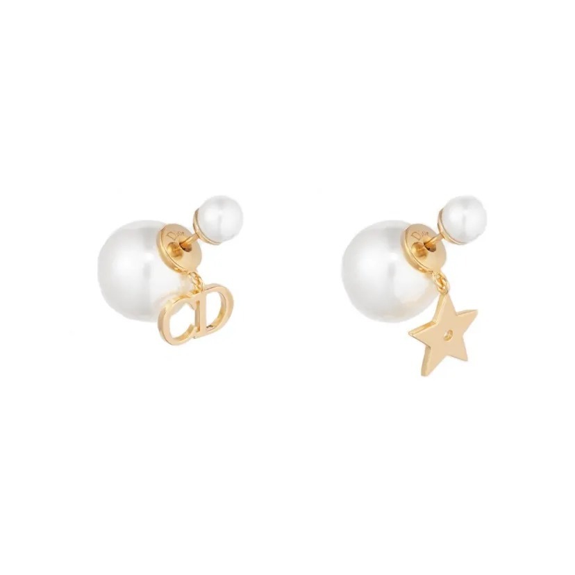 DIOR Tribales Earrings 白色 大小珍珠 金色星星CD 不對稱 垂墜 耳環