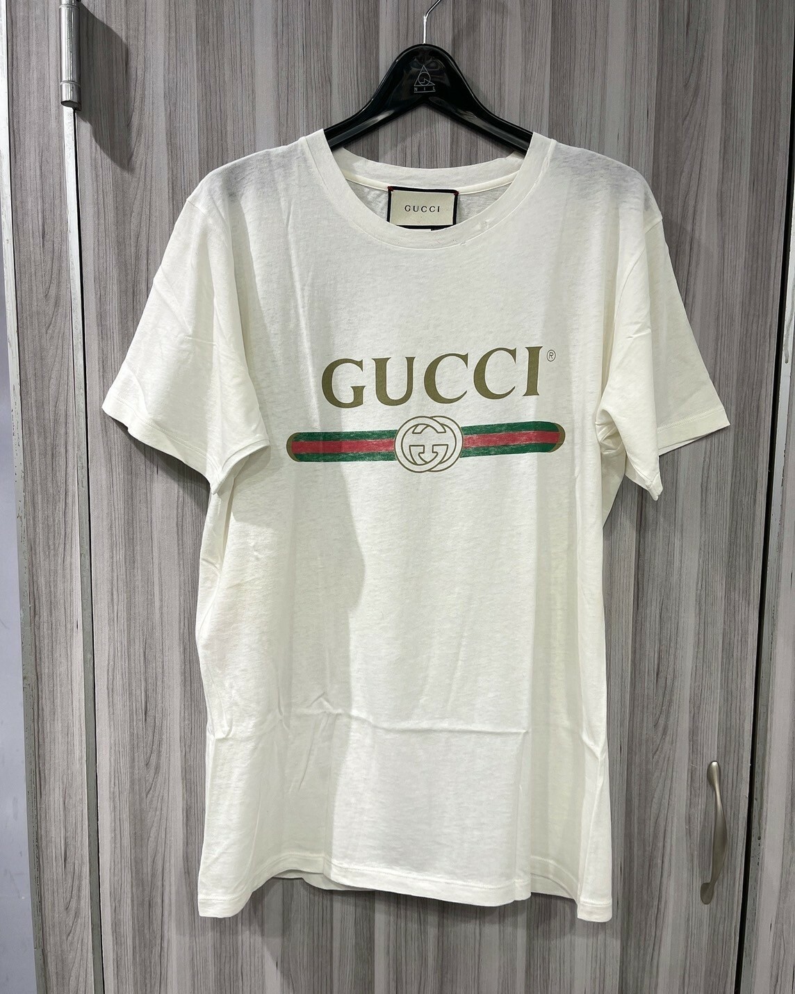 二手美品 Gucci 經典腰帶Logo 小破壞米白短袖 T