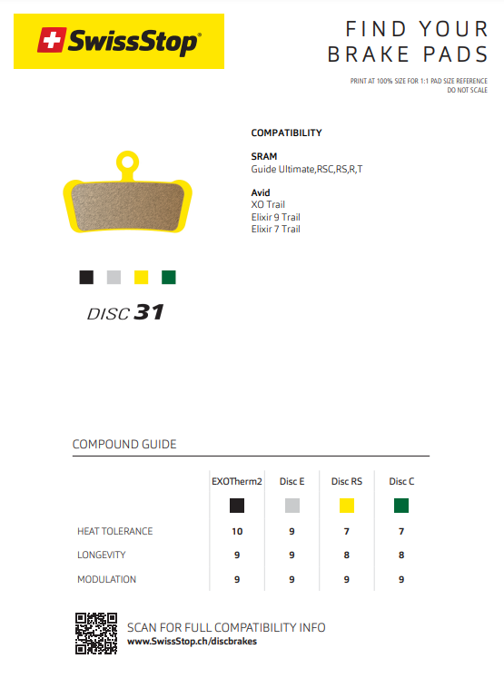 SwissStop Disc 31 RS Brake Pad (For Sram MTB)