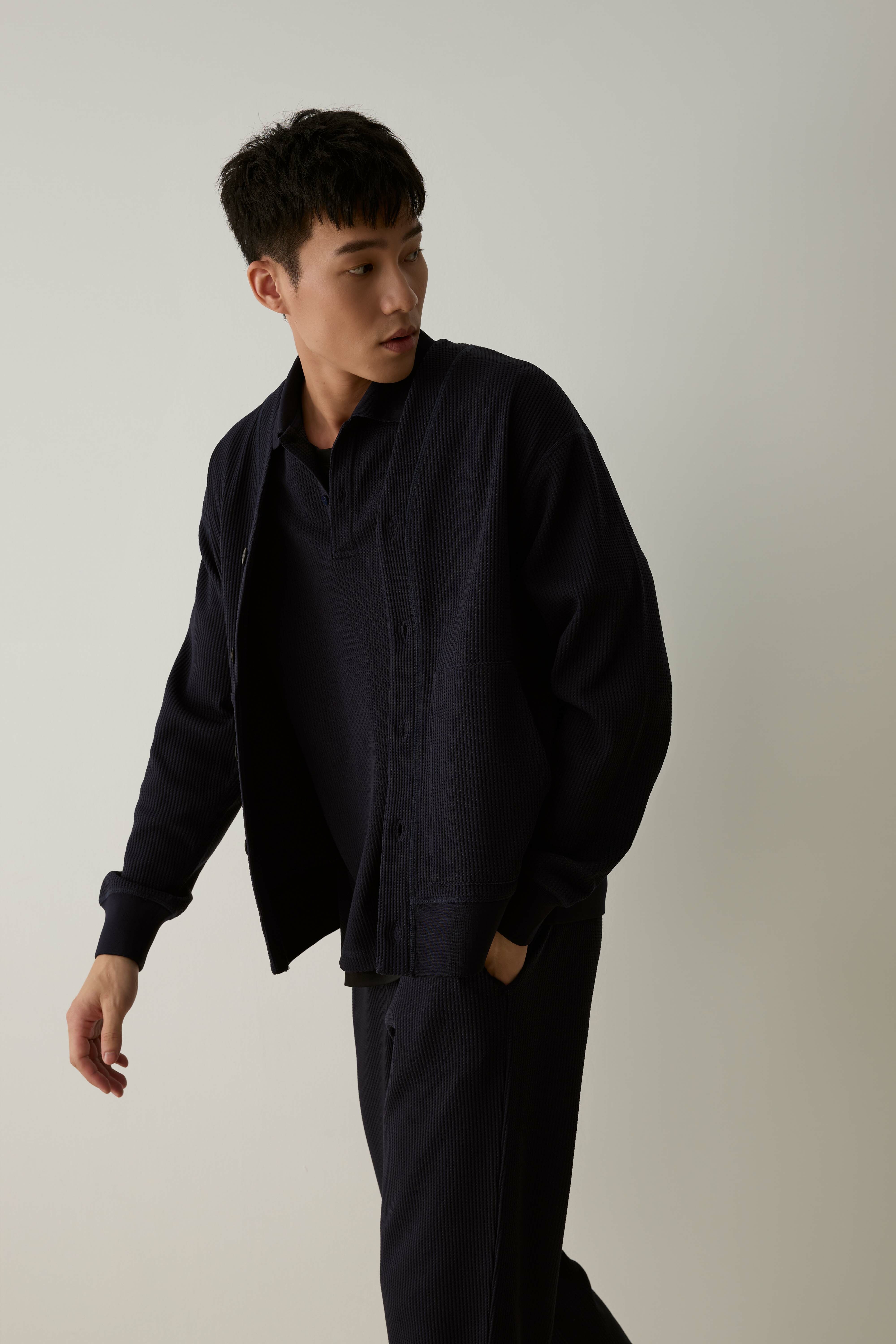 WAFFLE 開襟外套 男（深藍）