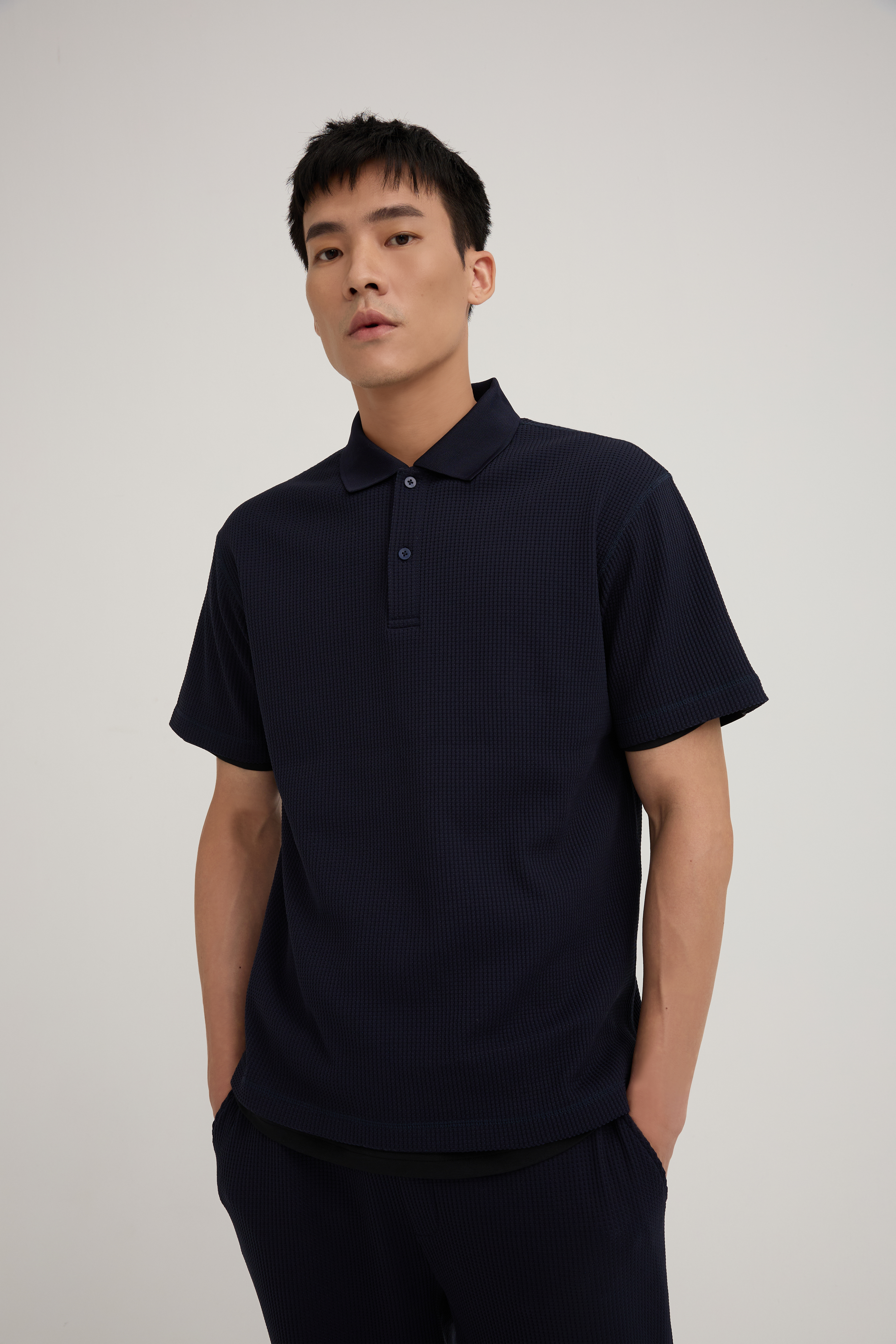 WAFFLE POLO衫 男（深藍）
