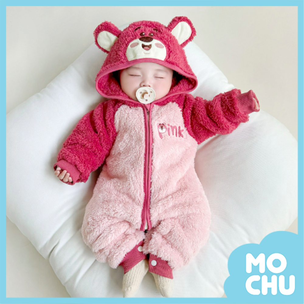 草莓熊加絨拉鍊連帽包屁衣