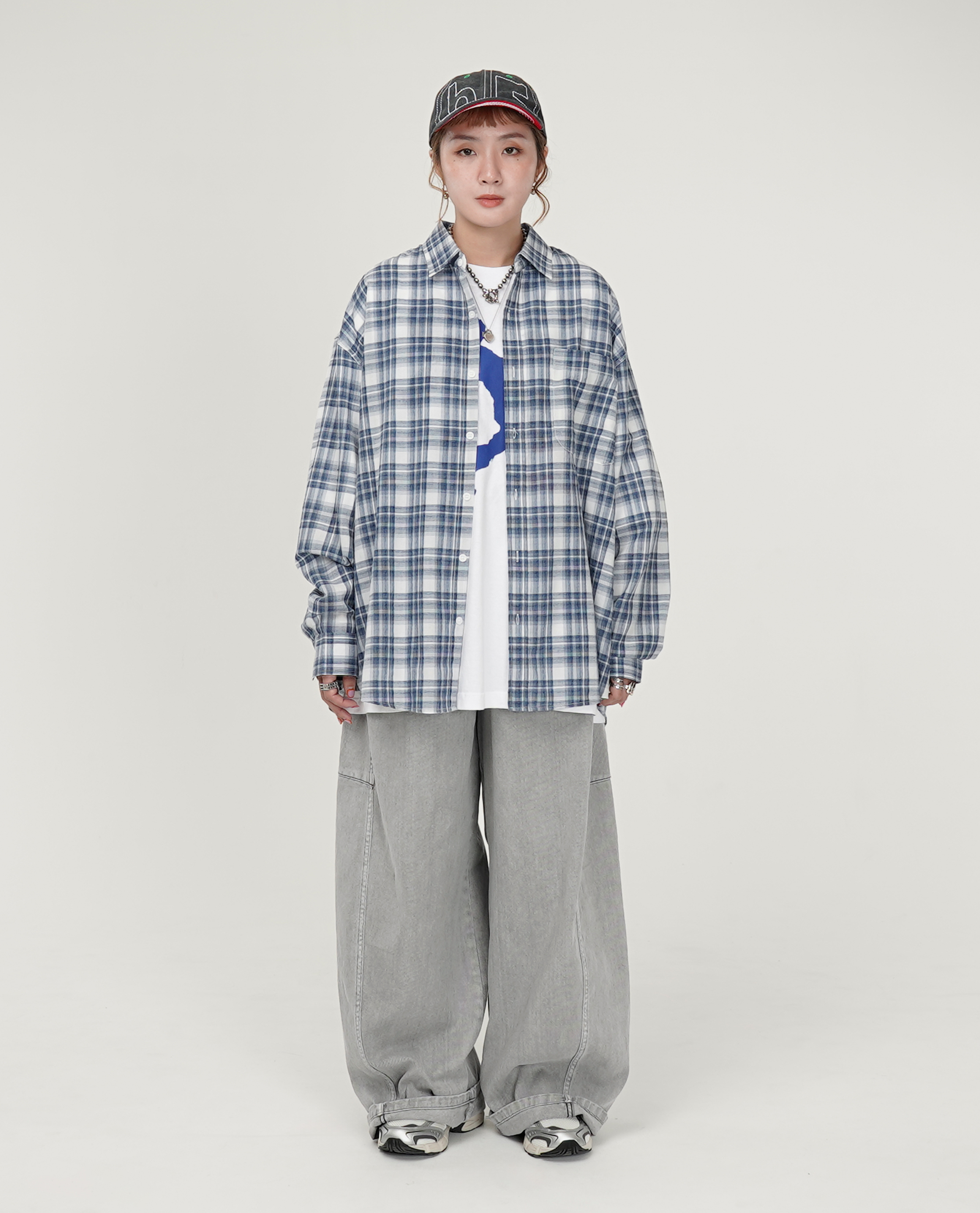 口袋格紋薄襯衫