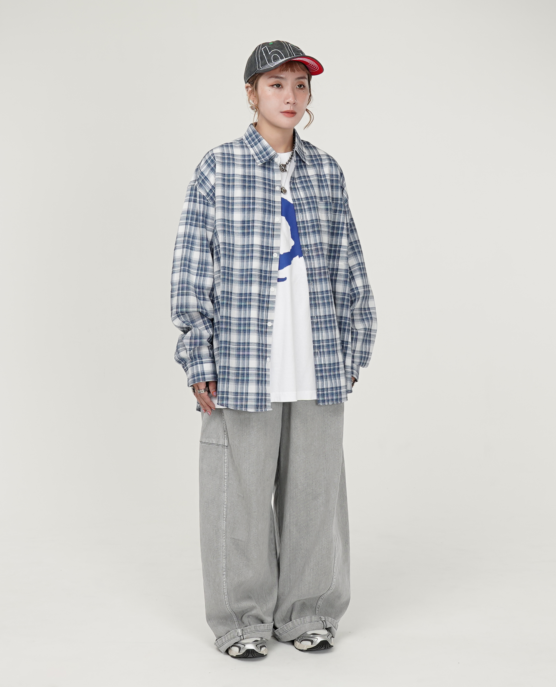 口袋格紋薄襯衫