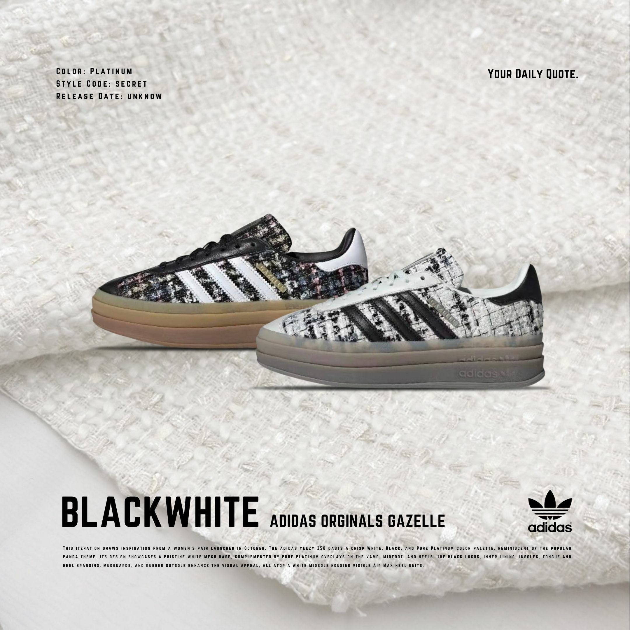 NICEDAY 代購 Adidas Gazelle 針織 小香風 黑 白 層次鞋底 女款 精品質感 復古時尚 板鞋