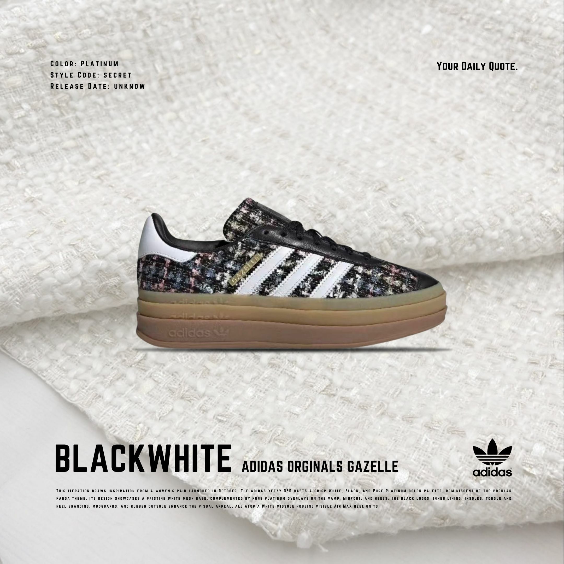 NICEDAY 代購 Adidas Gazelle 針織 小香風 黑 白 層次鞋底 女款 精品質感 復古時尚 板鞋