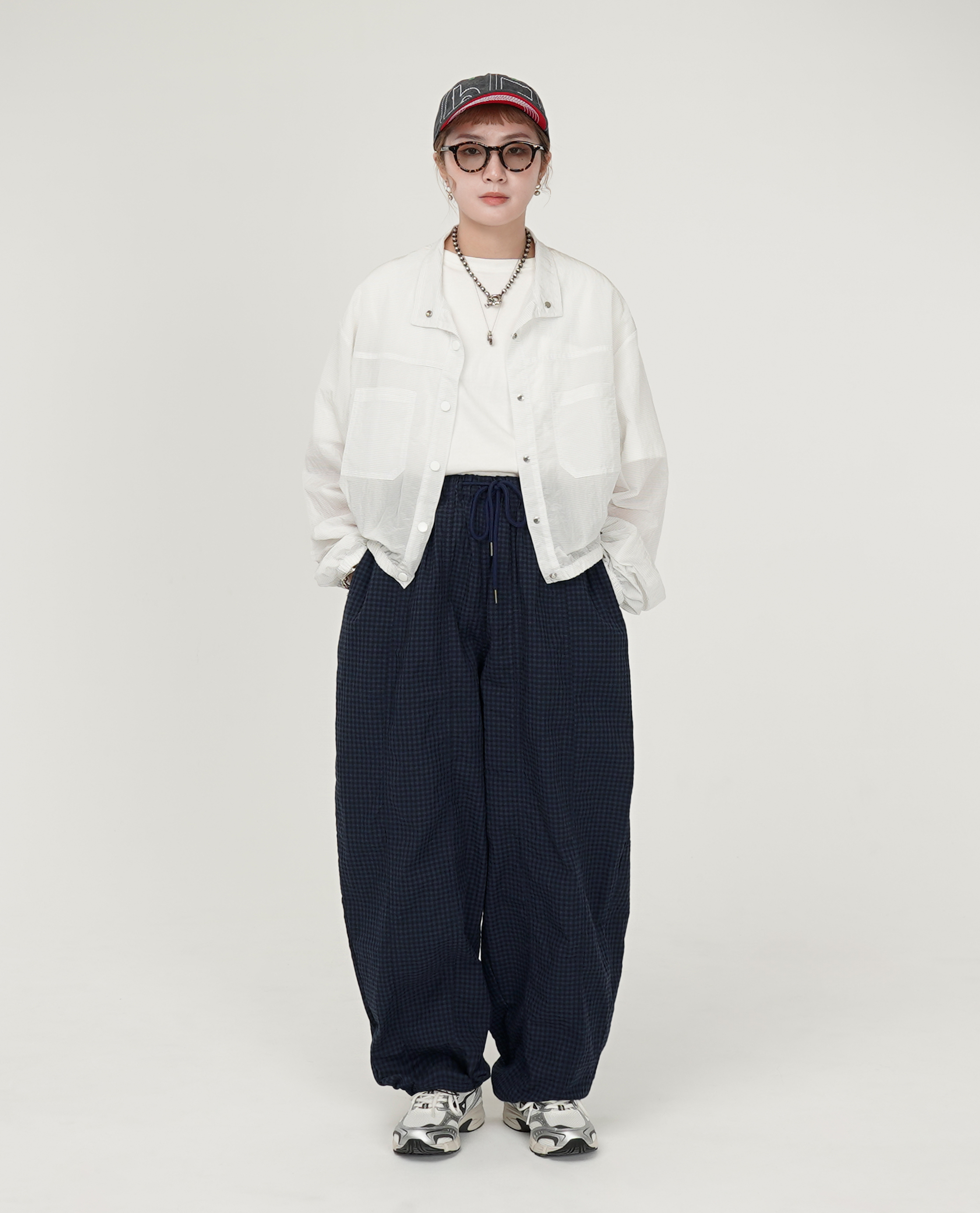 綁繩前雙車線小格紋下可縮褲