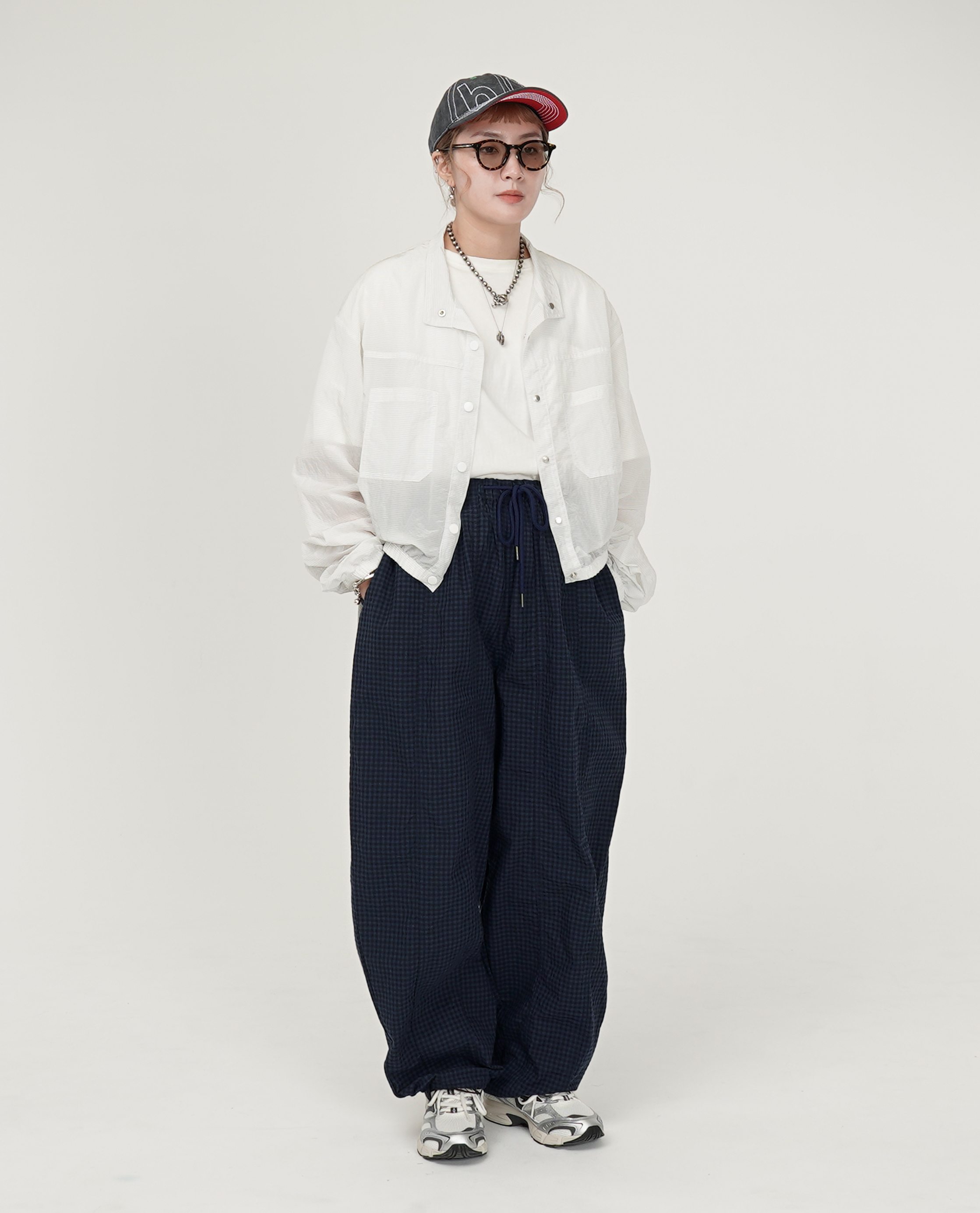 綁繩前雙車線小格紋下可縮褲