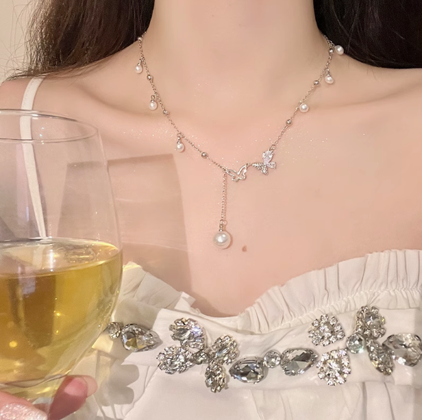 Delicate Zircon Butterfly Tassel Pearl Necklace