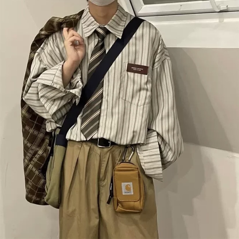 日系復古長袖條紋襯衫