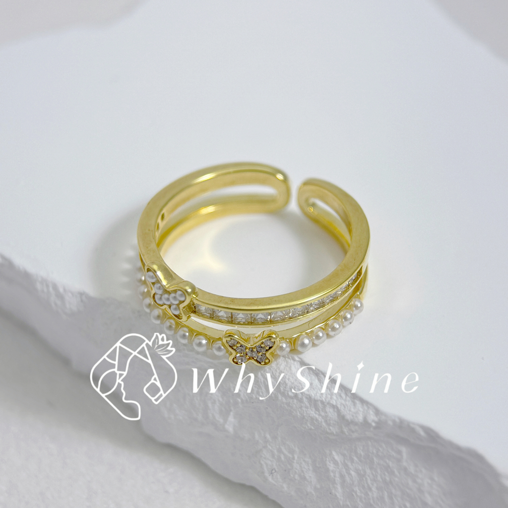 蝴蝶珍珠雙圈戒指