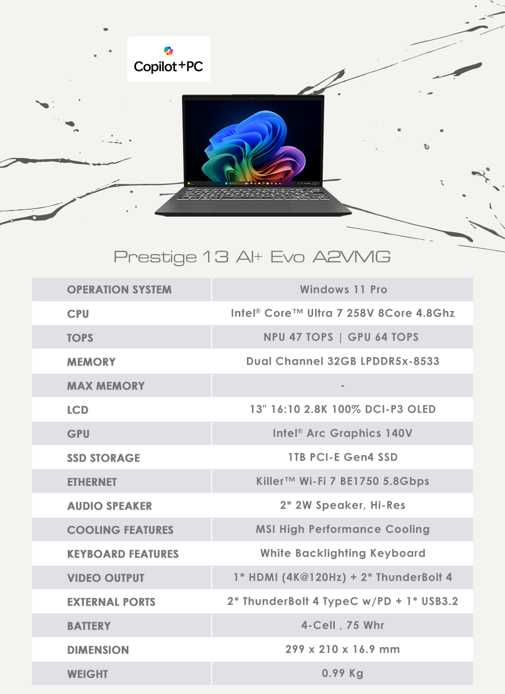 Prestige 13 AI+ Evo A2VMG | MSI HK Authorized Store