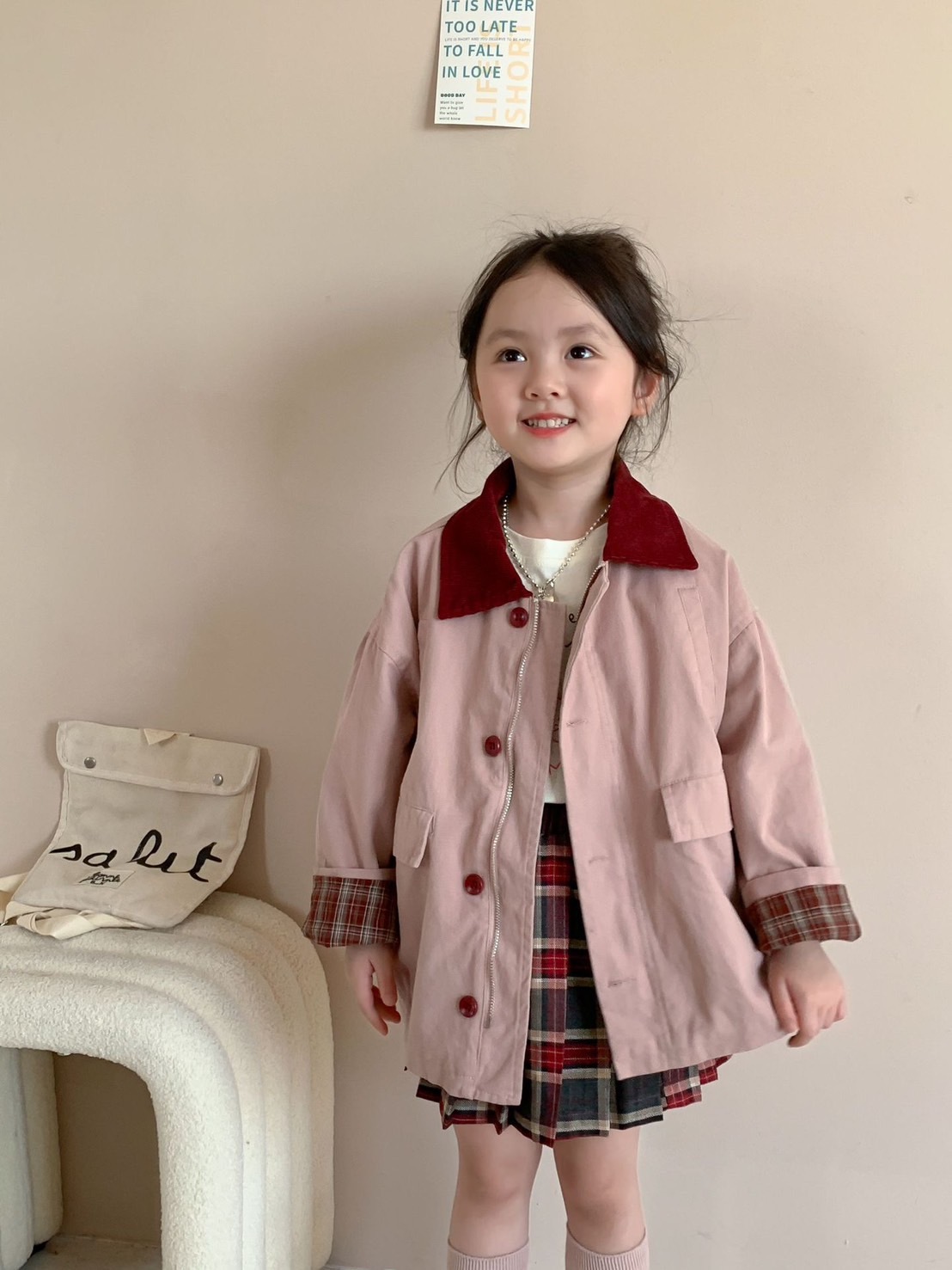 撞色風衣外套/簡約上衣/格子裙