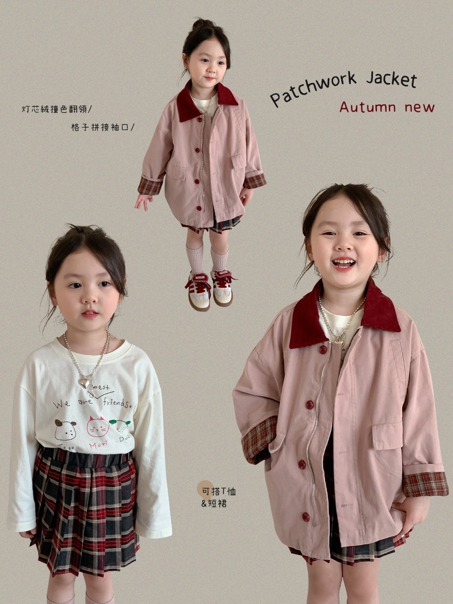 撞色風衣外套/簡約上衣/格子裙