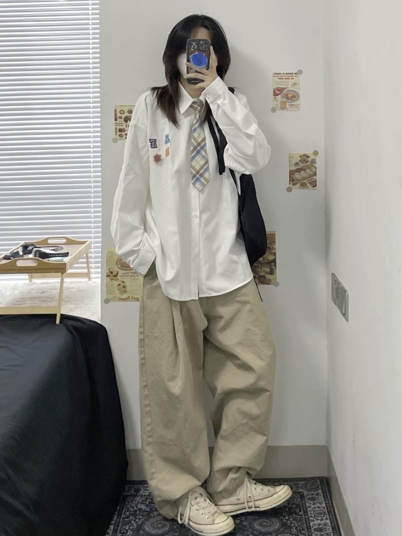 港風復古長袖刺繡字母襯衫 (含領帶)