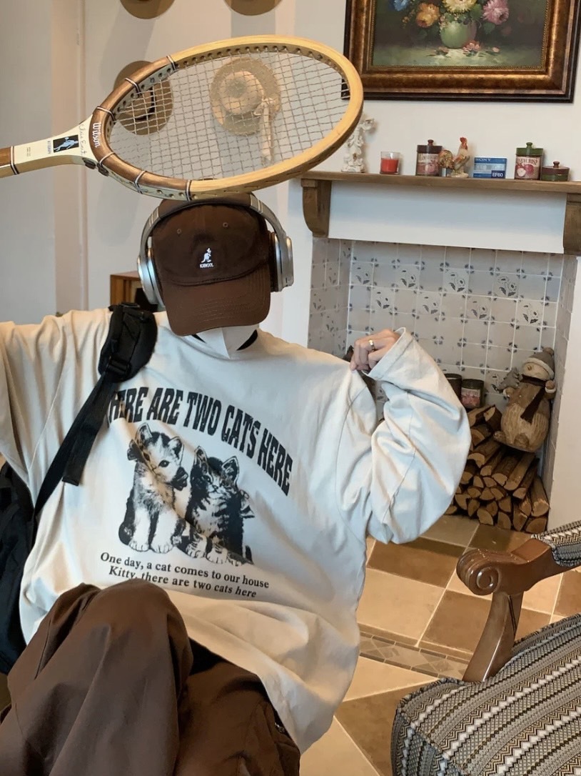 貓咪水洗復古遠領長袖上衣