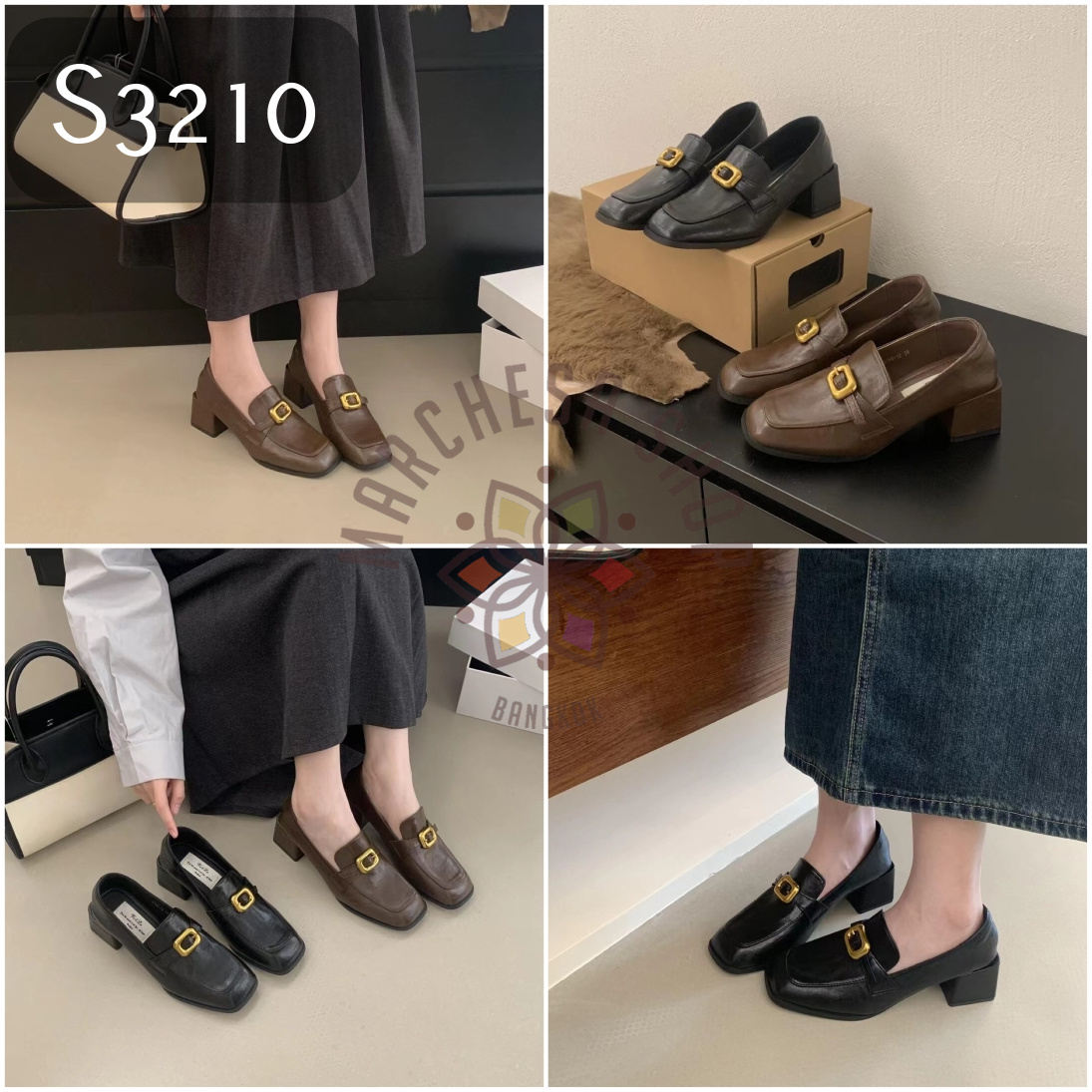 S3210 - 牛皮一字金扣方頭高踭鞋