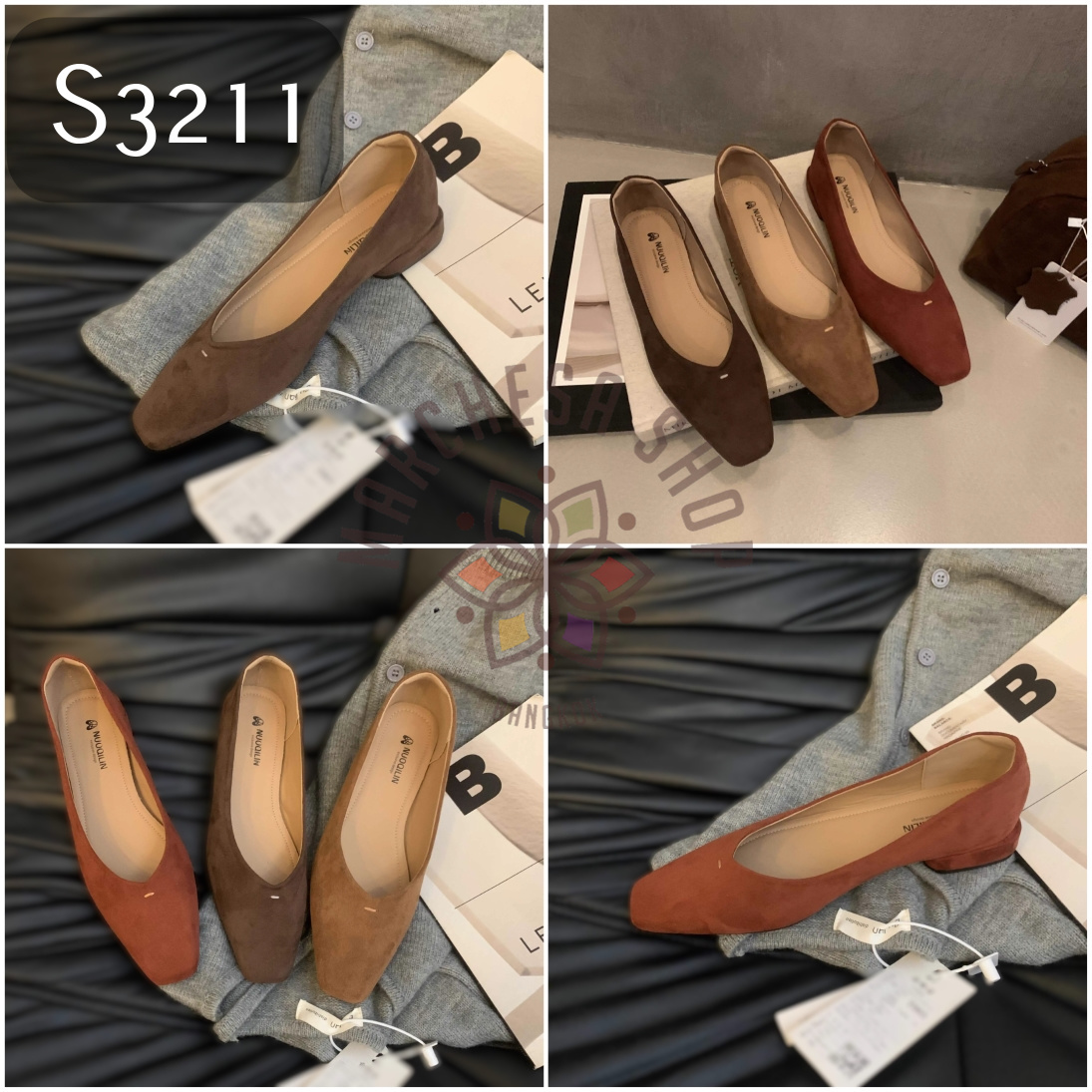 S3211 - 牛猄皮一字線方頭平底鞋