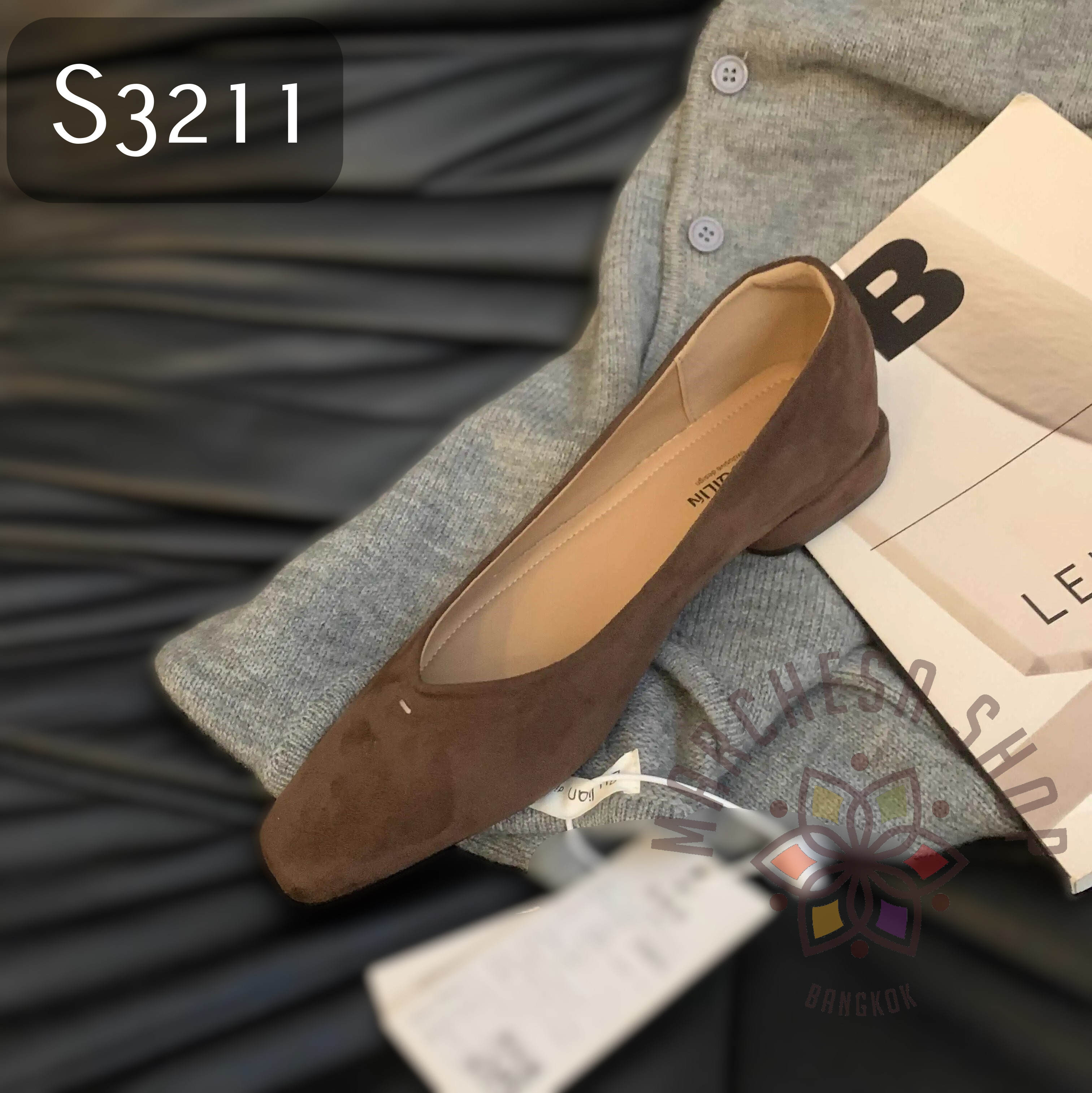 S3211 - 牛猄皮一字線方頭平底鞋