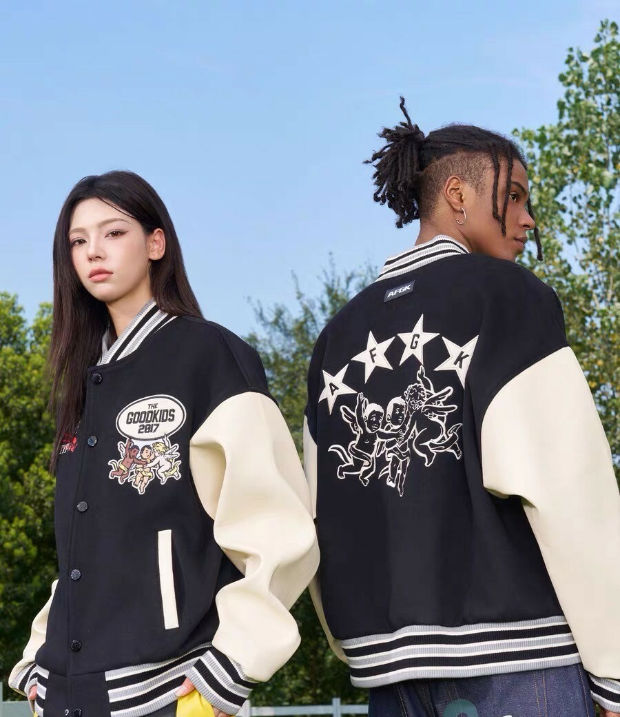 AFGK Angel embroidered leather baseball jacket A FEW GOOD KIDS
