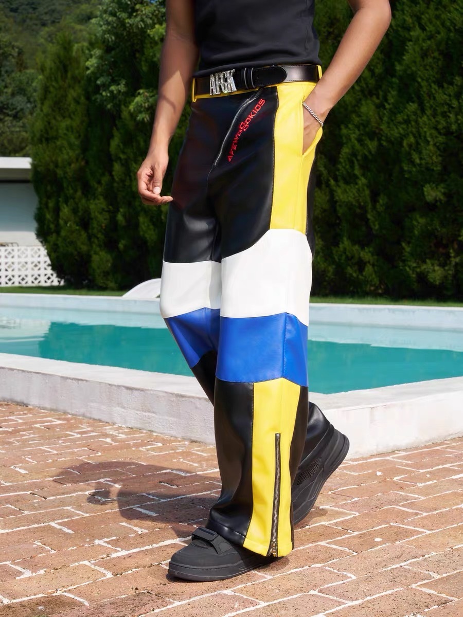 AFGK black and yellow contrast zipper leather pants A FEW GOOD KIDS