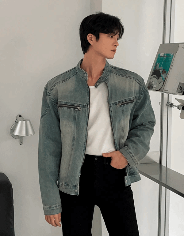 圓領拉鍊機車牛仔夾克外套