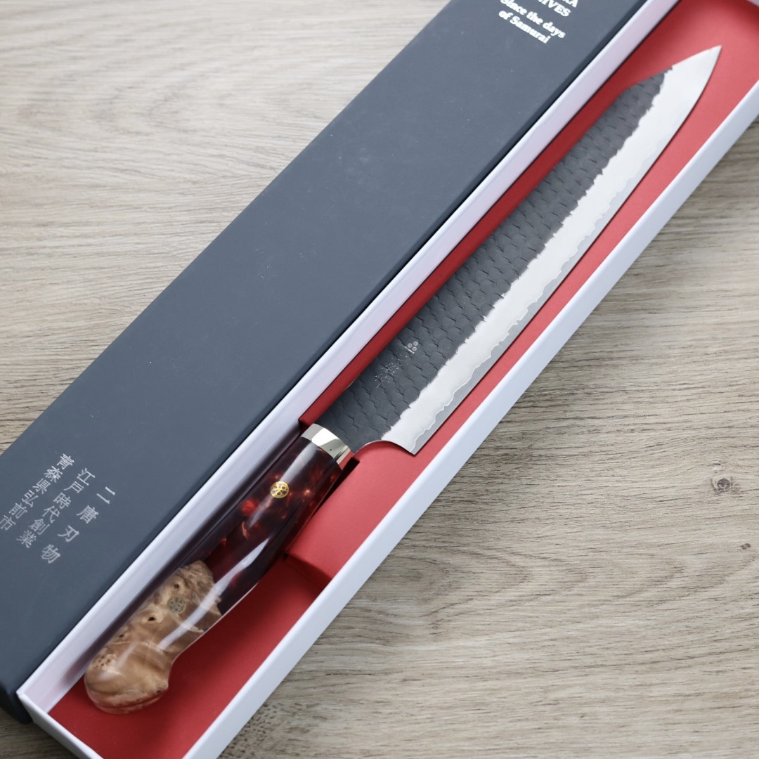 二唐刃物 切付筋引 255mm SG2 黑打鎚目 壓克力柄紅