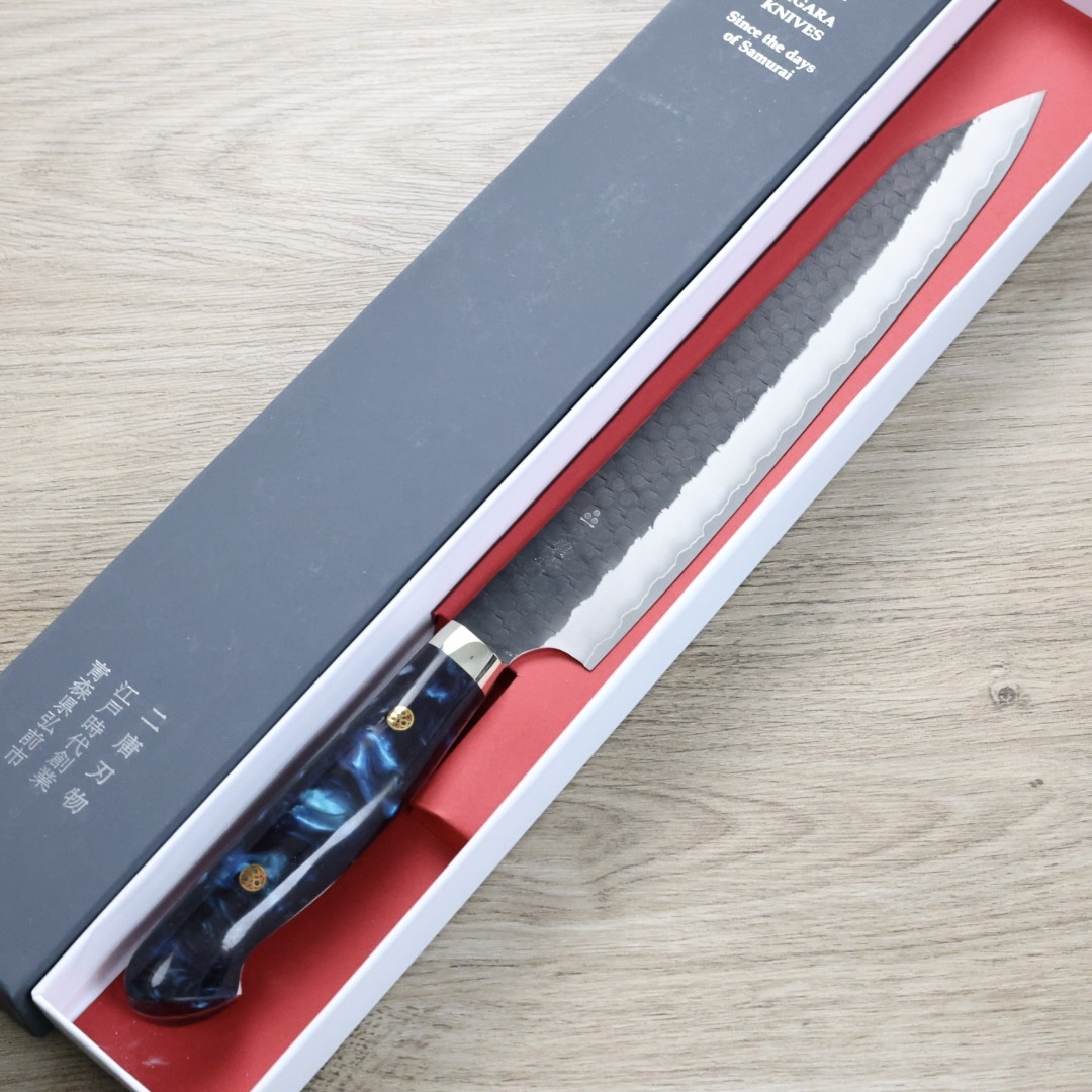 二唐刃物 切付筋引 255mm SG2 黑打鎚目 壓克力柄藍