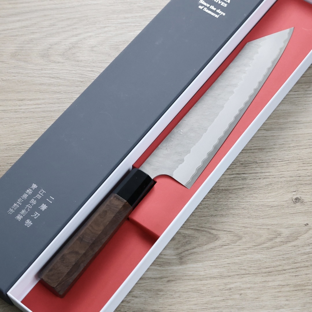 二唐刃物 切付牛刀 240mm 青紙超級鋼 柳葉鎚目