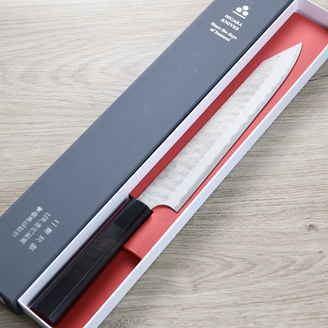 二唐刃物 切付筋引 255mm 紙超級鋼 柳葉鎚目