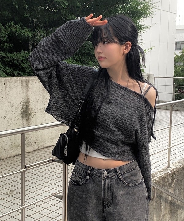 韓國 甜辣 斜肩 捲邊 短版 針織 薄長袖
