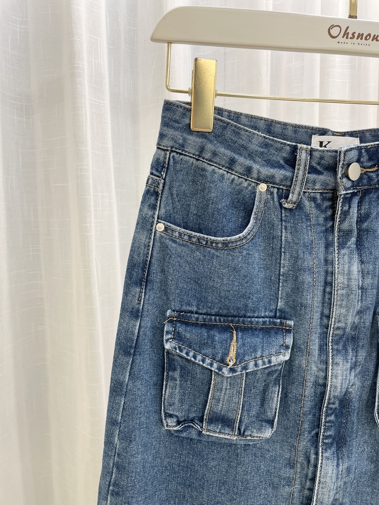 『S號』前開岔工裝口袋牛仔長裙