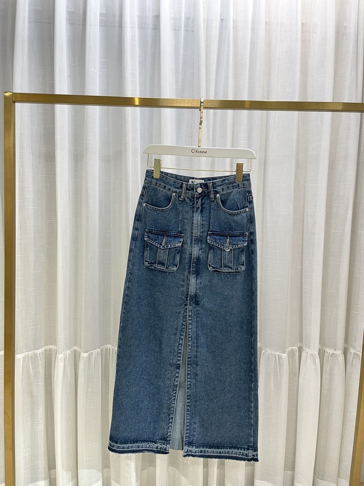 『S號』前開岔工裝口袋牛仔長裙