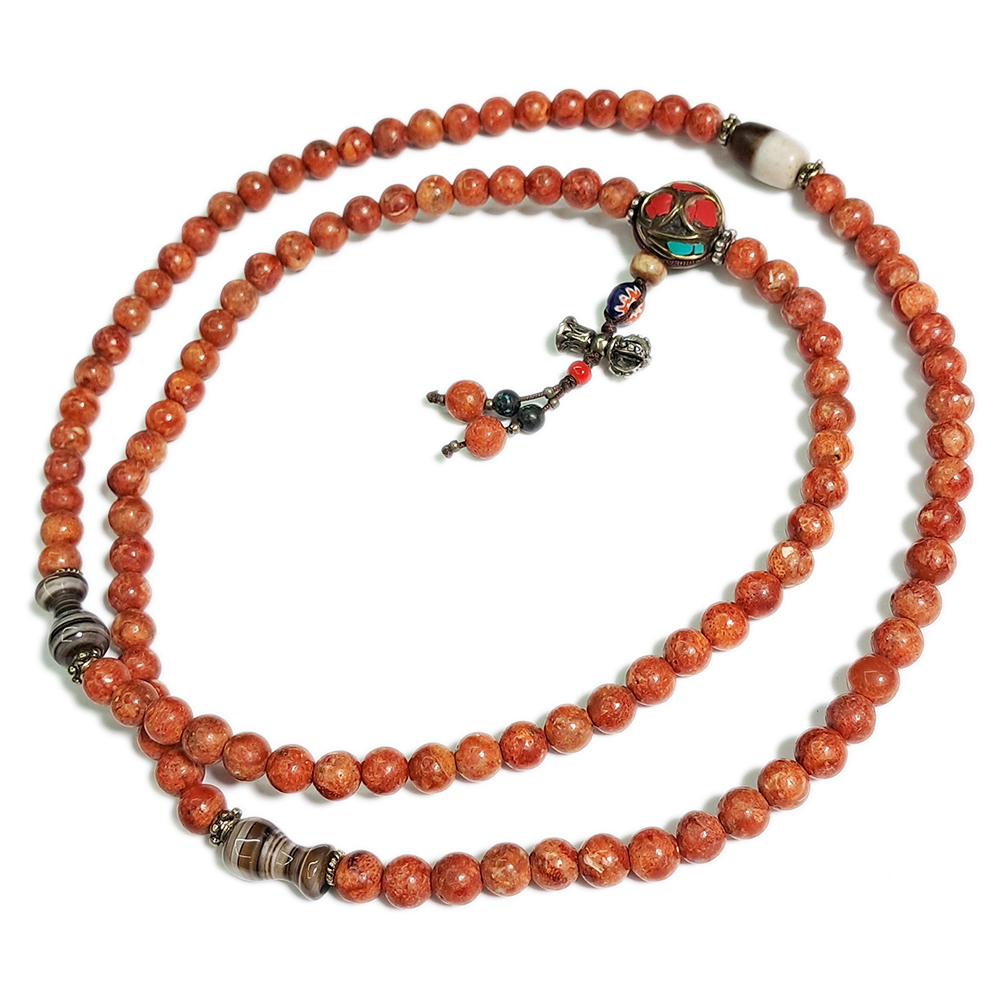 黑白線珠天珠+山珊瑚108念珠6mm【十方】121187