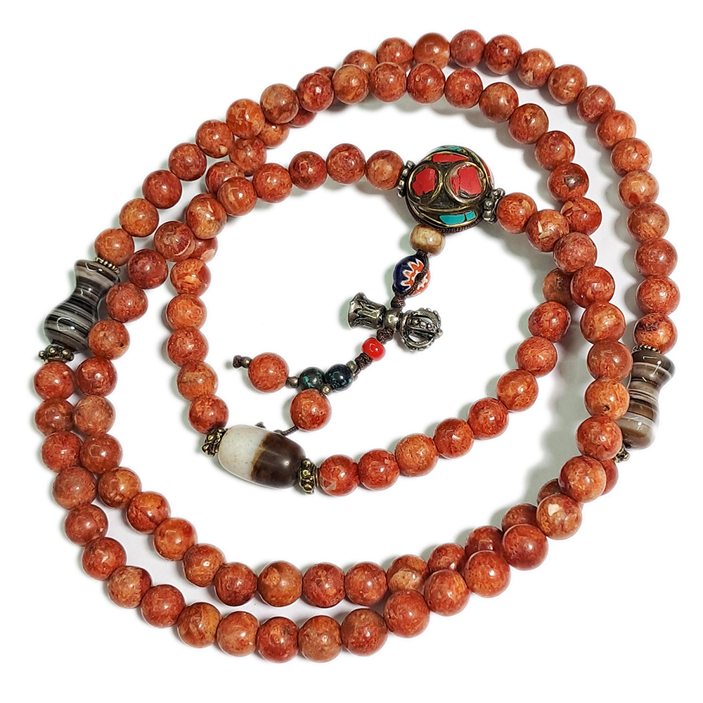 黑白線珠天珠+山珊瑚108念珠6mm【十方】121187