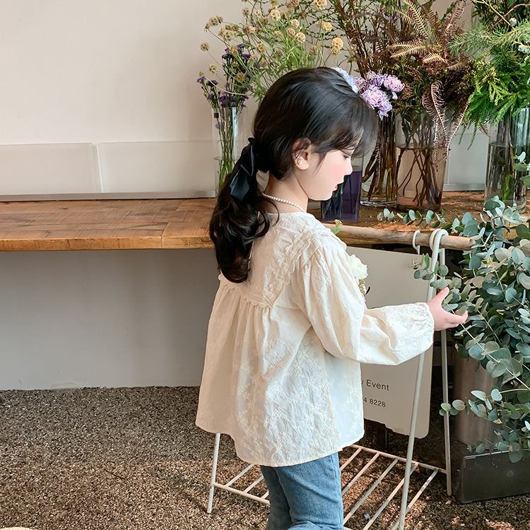 【限量】米色刺繡緹花-春秋長袖上衣 (80-150)