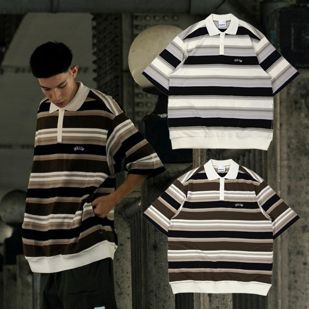 idealism Striped POLO 灰色 棕色 復古 隱藏式口袋 橫紋休閒翻領衫【ID24035】