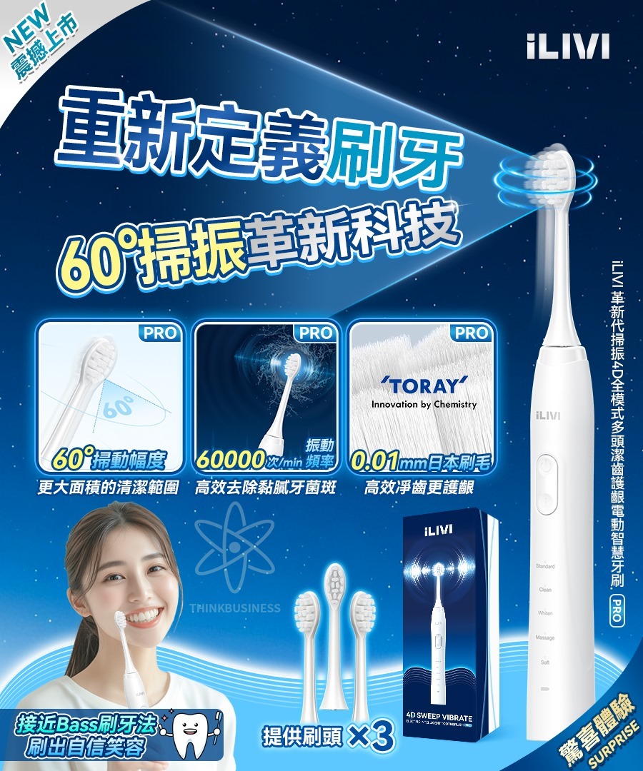 iLIVI 革新代掃振4D全模式多頭潔齒護齦電動智慧牙刷 PRO [#SQ24092301]