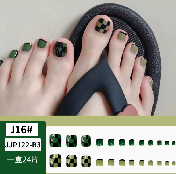 熱推美甲  腳趾穿戴甲-法式棋盤格（膠水款J16#）
