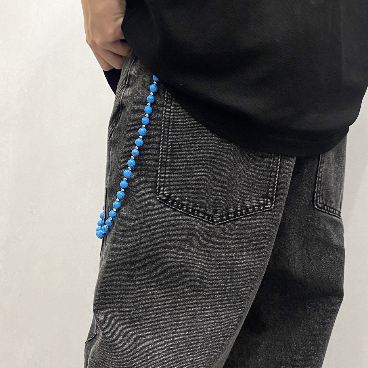 藍色人造石圓珠造型褲鍊