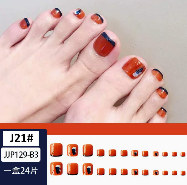 熱推美甲  腳趾穿戴甲-焦糖色藍邊法式（膠水款J21#）